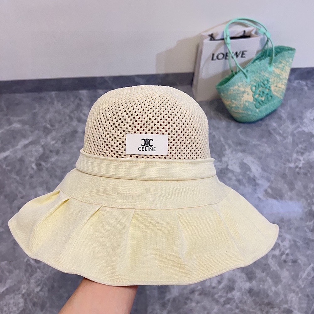 CELINE Cream Mesh Ruffle Wide Brim Bucket Hat OS